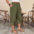 thumbnail image 2 of Womens Capris with Pockets Cotton Linen Lightweight Loose Wide Leg Lounge Elastic High Waisted Capri Pants (XL, Green), 2 of 8