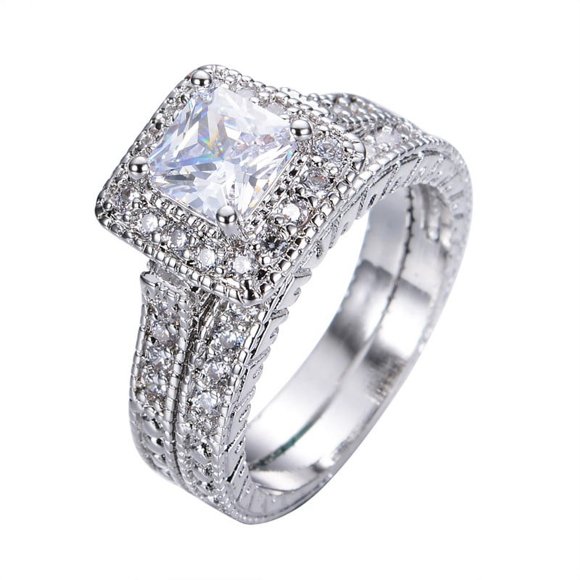 JeenMata Ensemble de Mariage en Moissanite Taille Princesse de 1 Carat - Ensemble Nuptial - Bague Milgrain - Bague Vintage - Bague Halo - Placage Or Blanc 18K pour Femmes