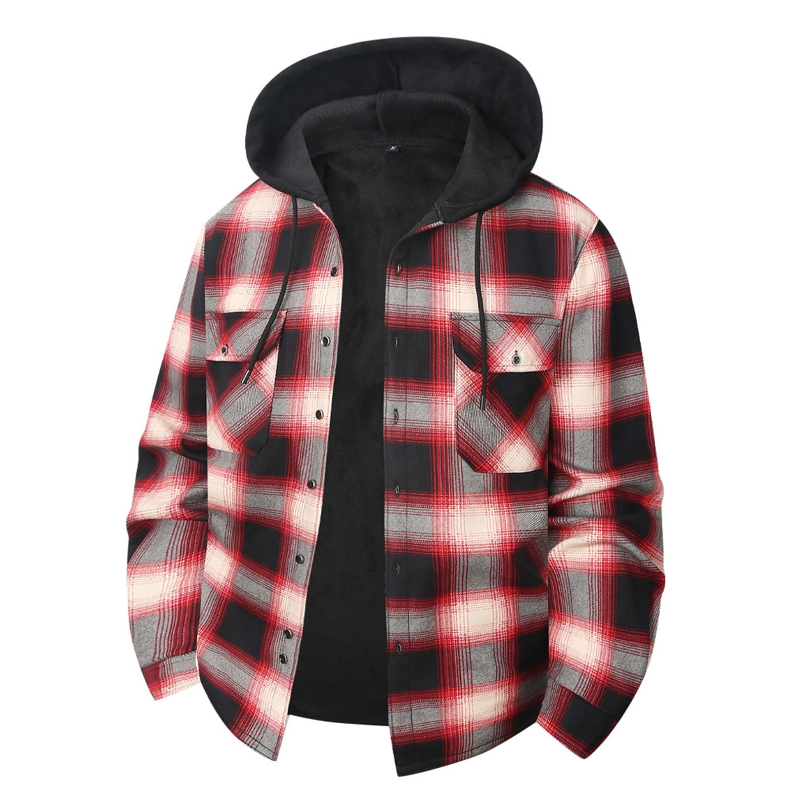 DDAPJ pyju Men's Flannel Shirt Jacket with Hood Fleece Lined Plaid Jacket Big and Tall Zip Up Winter Warm Coat Red XL