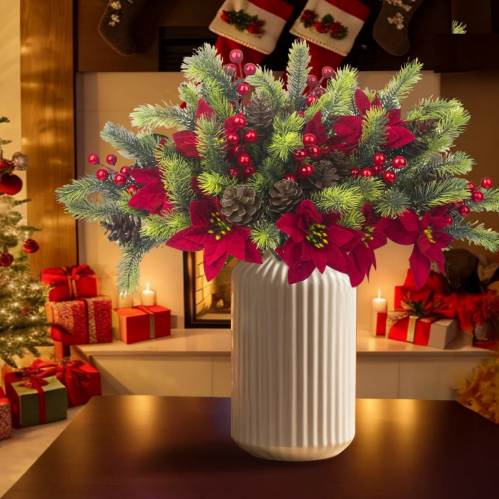 13.7 Inch Red Poinsettia Artificial Christmas Flowers Bouquet with Pine Cone Red Berry Pine Needle Artificial Plants Christmas Decor for Craft Xmas Tree Garland Home Indoor Outdoor 8 pack