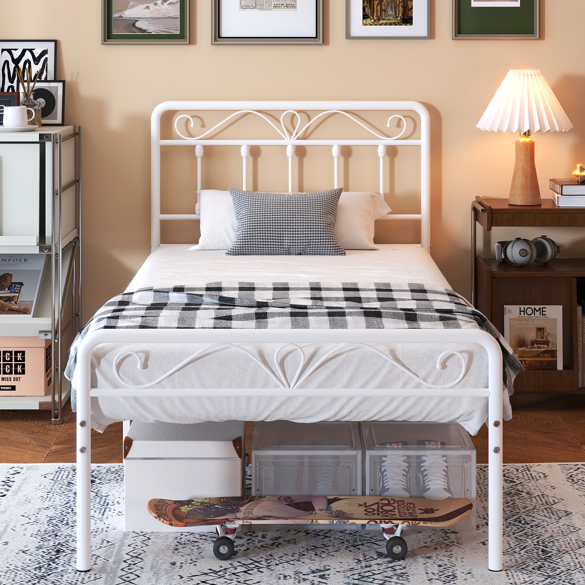 Yoneston Alden Designed Twin Metal Bed Frame with Vintage High Headboard for Kids Girls Boys Bedroom, White