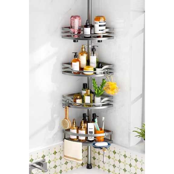 Shower Caddy Tension Pole：4-Tier Rustproof Bathroom Corner Shelf for Renters - 47-121inches Adjustable Bathtub Organizer with Soap Holder-large capacity rack for Shampoo Storage Home Accessory