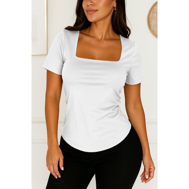 Blusa de licra fresca y elegante cuello cuadrado Blanco Mediana