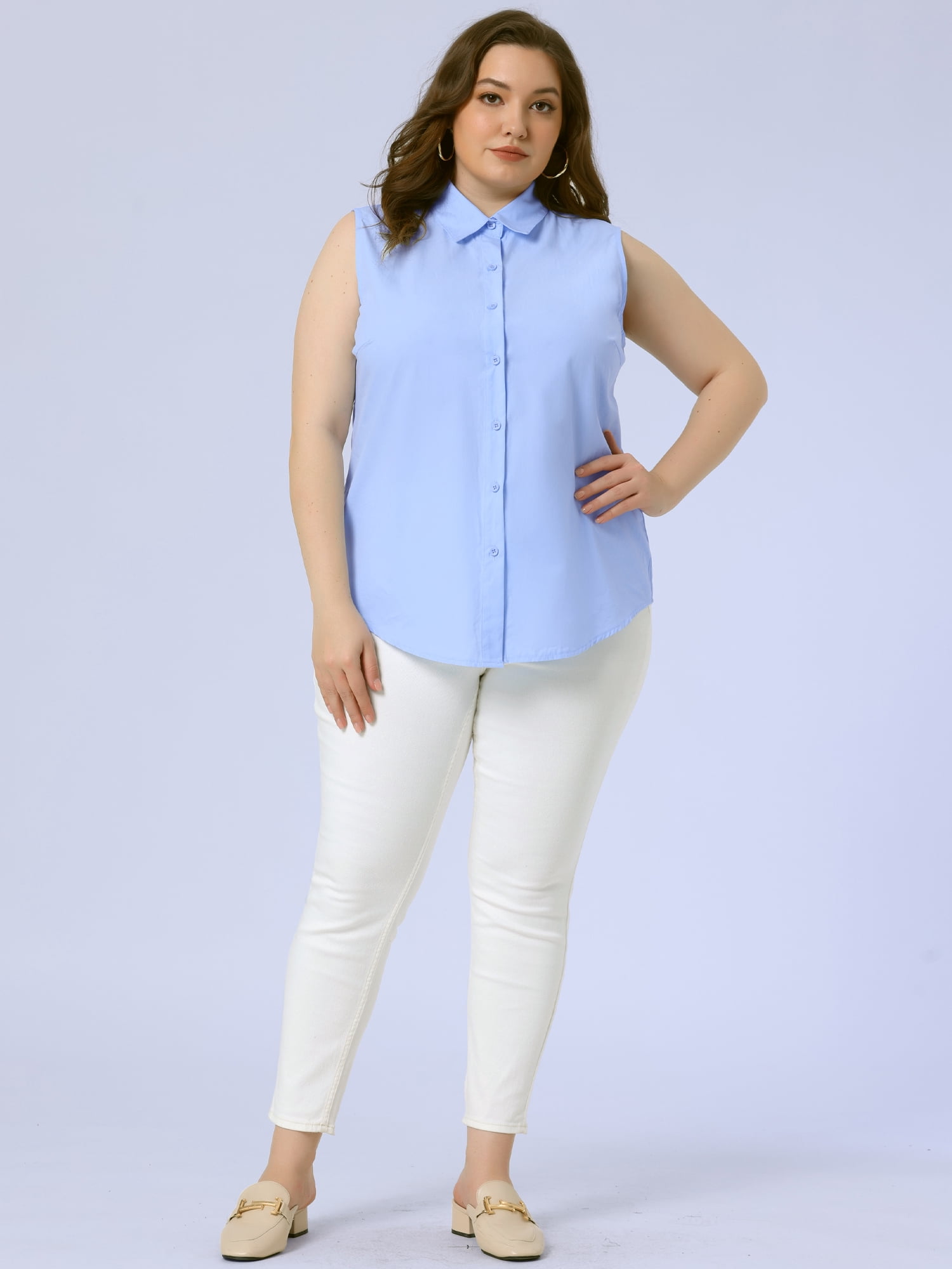 DARING DIVA Women's Plus Sleeveless Button Down Fashion Tank Top 3X Light Blue