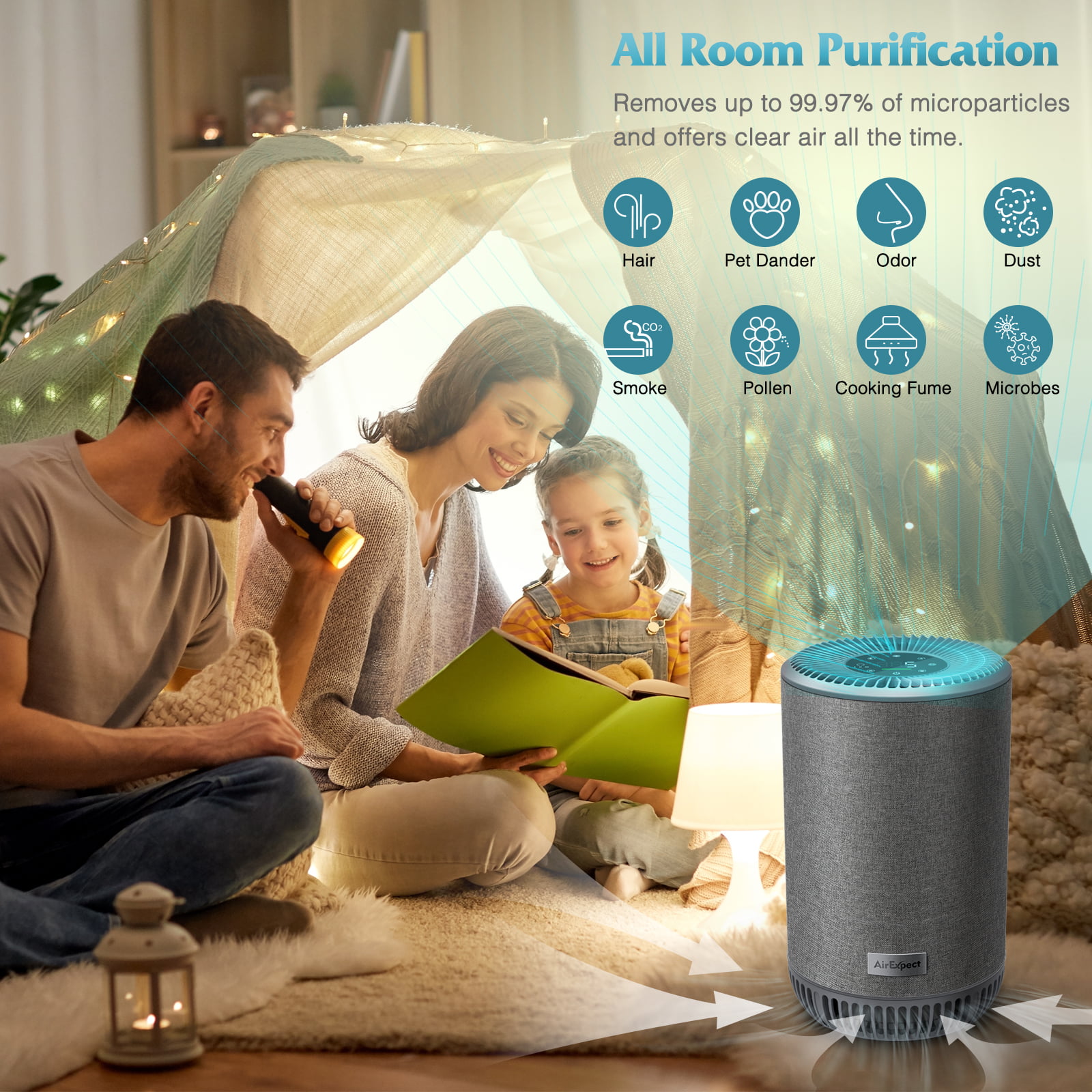 20m³/Hour Powerful Air Cleaner Compact Dust Remover Air Purifier with HEPA Filter Low Noise Air Purifiers for Home Bedroom with Nightlight & Ioniser