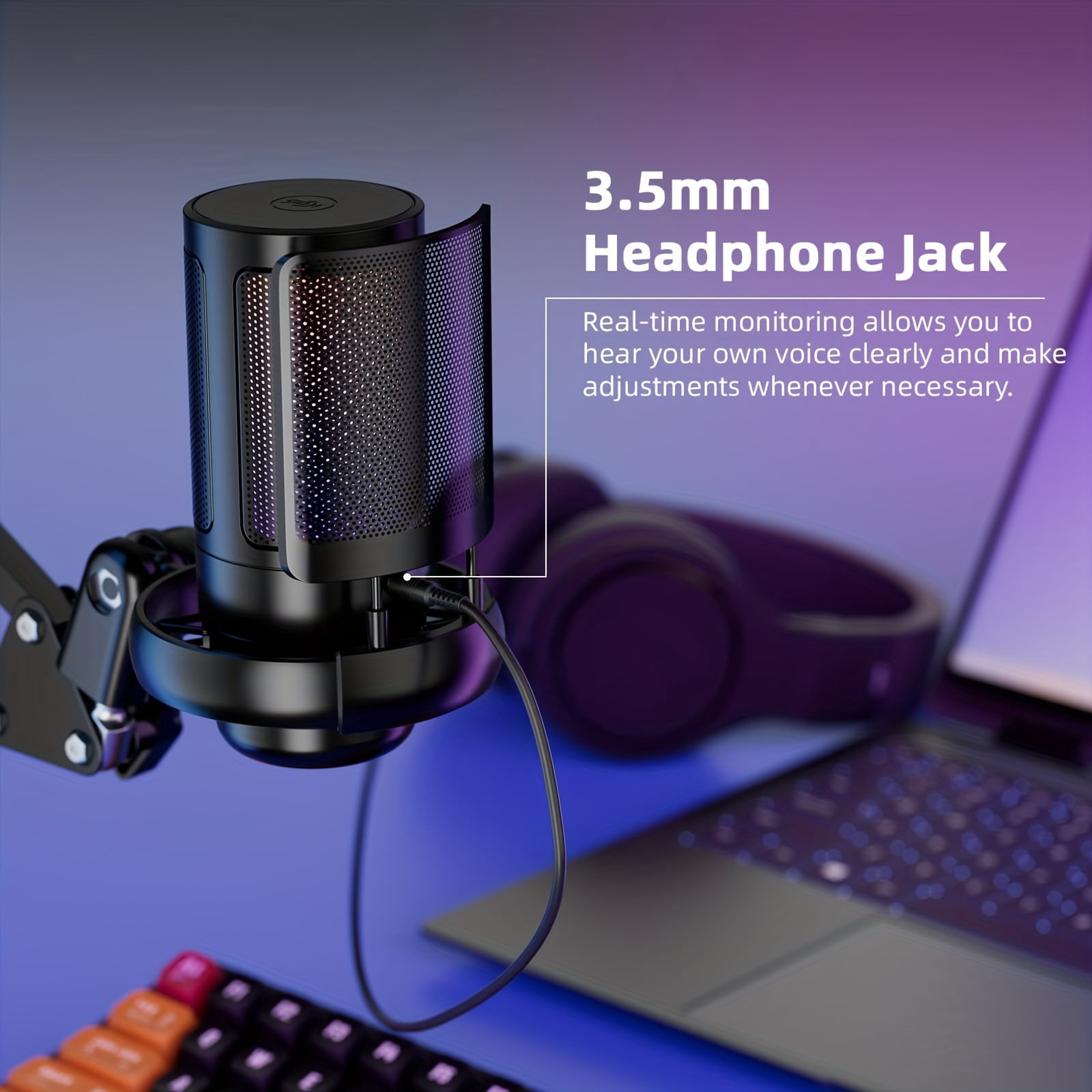 General  USB Microphone Suitable for Streaming, Podcast & Gaming - Pop Filter, Diaphragm Condenser Mic with Boom Arm, Volume/Gain Control & RGB - Compatible for PS4/, Mac, PC, Phone (PC Gaming Mic)