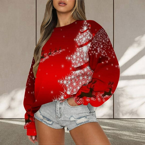 Tetras Womens Tops Dressy Casual Fall,Fashion Women's Casual Long Sleeve Round Neck Printed Ladies Sweatshirt,Tops Blouse