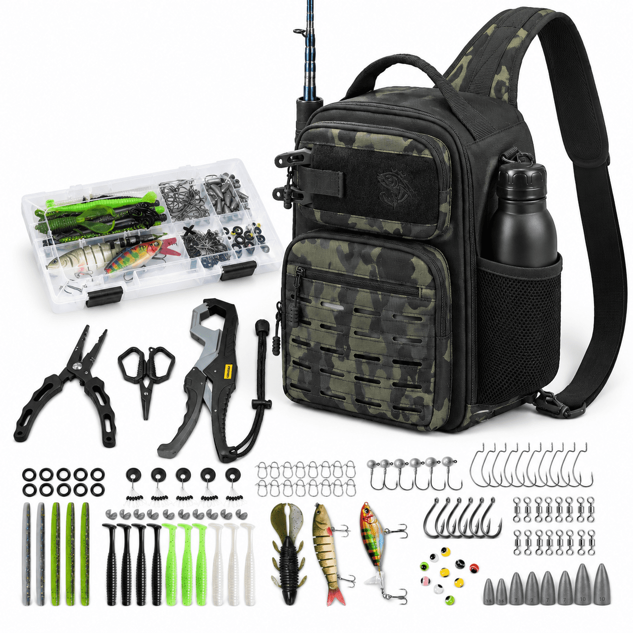 Fishing Sling Bag With 3500 Tackle Box & Gear Black Camo.