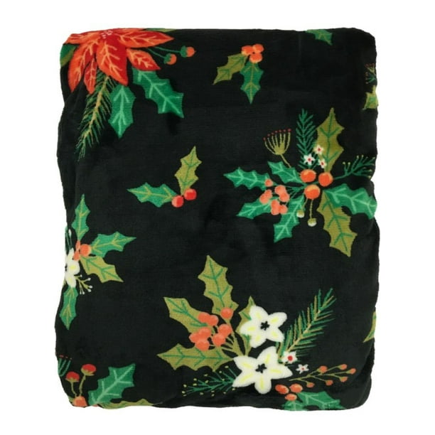 The Big One Plush Black Throw Blanket Oversized Christmas Floral, 5 ft