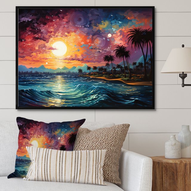 Designart Large Palms & Palm Trees framed wall Art, Colorful Bold Palm Trees horizon I , Palms & Palm Trees framed wall art decor, Multi-Color Traditional black framed wall art, black frame