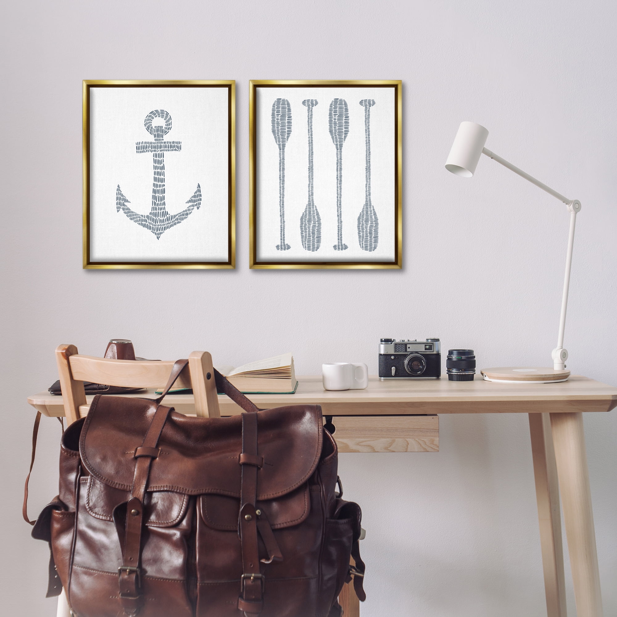 Stupell Industries Simple Lines Nautical Anchor Oars Nautical & Beach Painting Gold Floater Framed Canvas Art Print Wall Art, 17 x 21, Set of 2