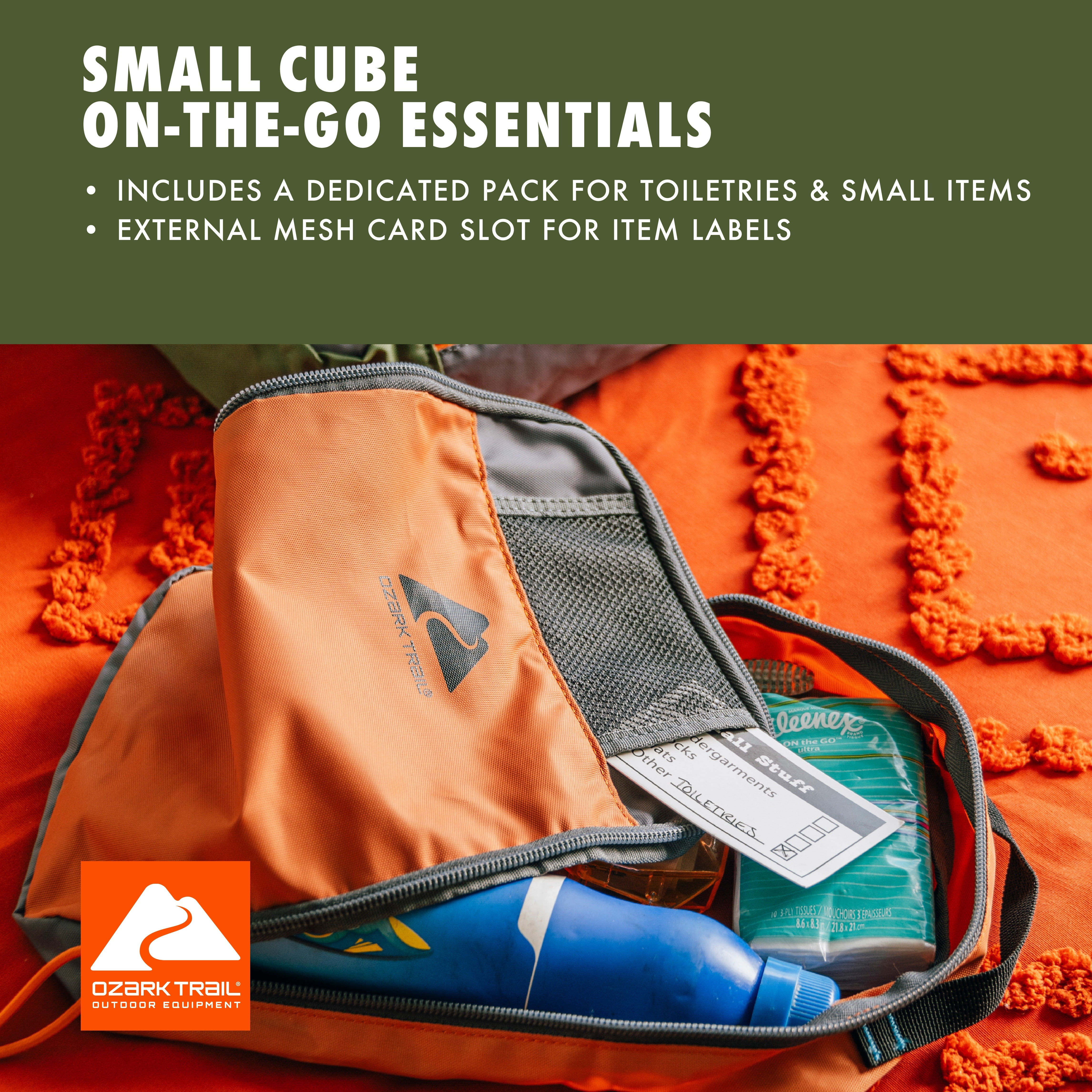 Ozark Trail Set of 3 Non-structured Polyester Camping Organizer Cubes, Various Sizes, Orange, Grey, & Green