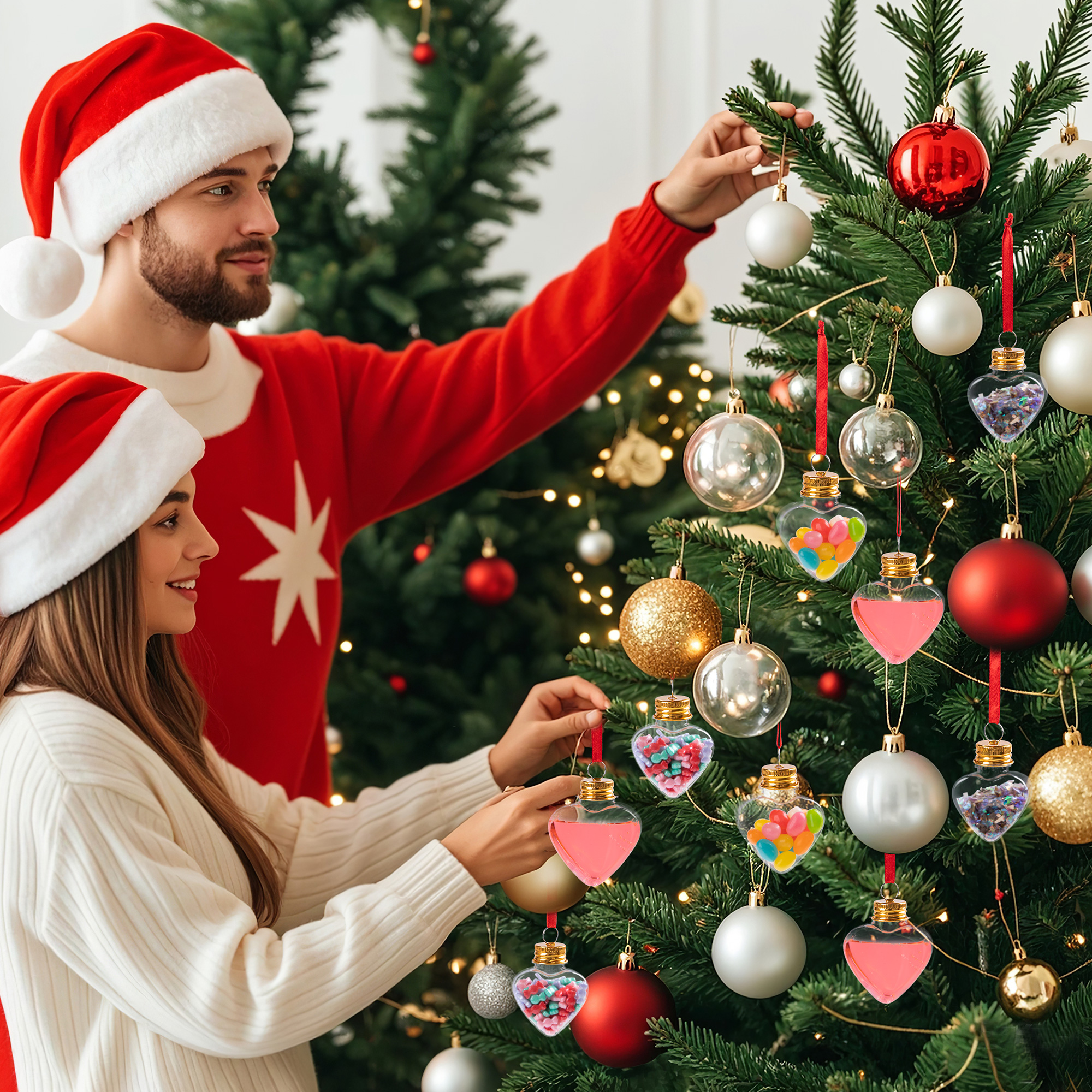 Fillable Christmas Ornament Drink Balls, 6-Pack 50ml Clear Plastic Heart-Shaped Hanging Decorations for White Elephant and Holiday Trees