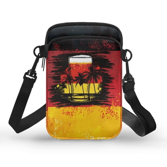HELLHERO Wine Glass Coconut Tree Design Polyester Cross Body Purse Double-layer Casual Use Women Adjustable Shoulder Strap