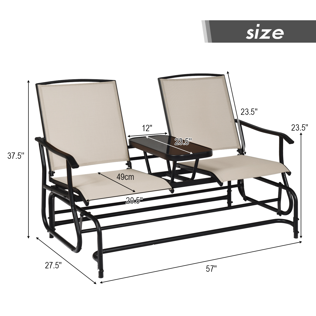Costway 2 Person Patio Double Glider Steel Frame Loveseat Rocking with Center Table - image 2 of 9