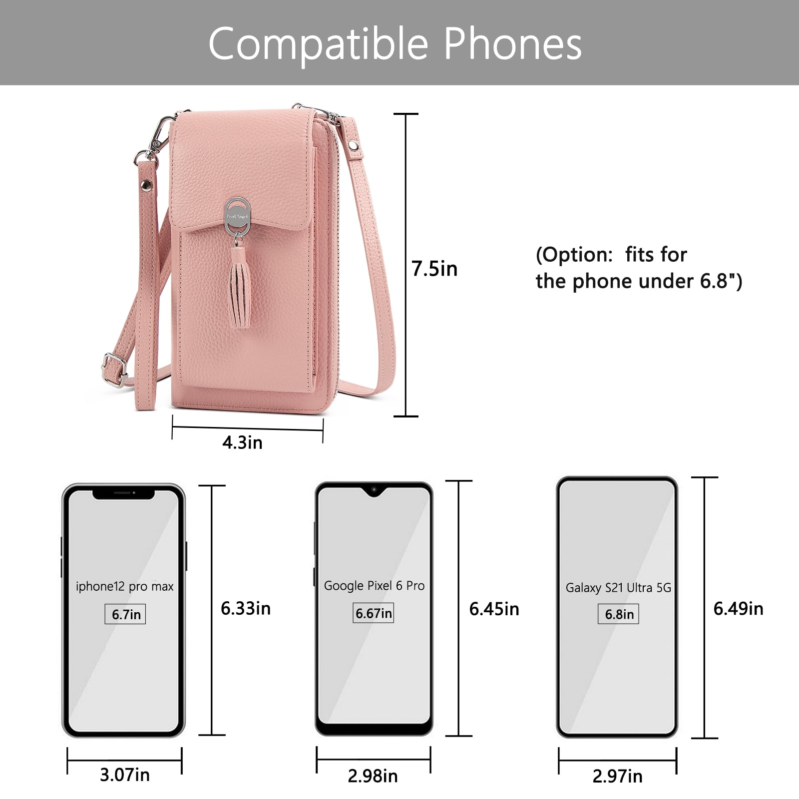 Pearl Angeli Women's Leather Mobile Phone Crossbody Cell Phone Bag RFID (Pink)