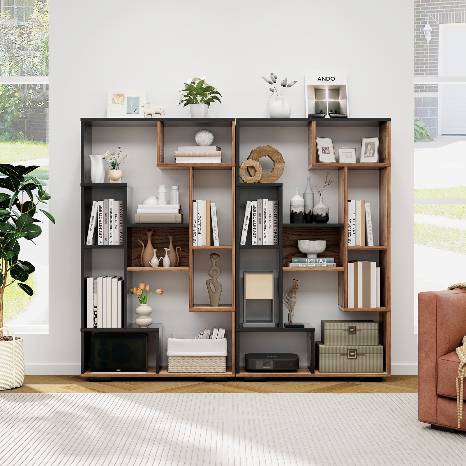 Giantex Geometric Bookshelf, 47 Inch Tall Bookcase w/Multiple Open Shelves, Freestanding 9 Cubes Bookshelf Storage Display, Black