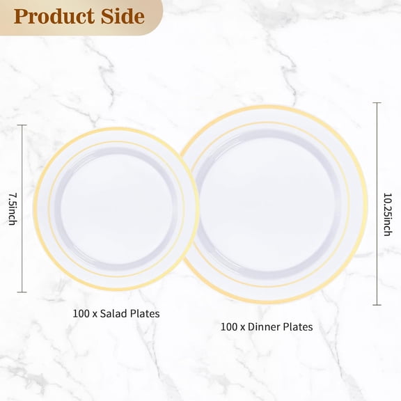 Gold Disposable Plastic Plates, 200pcs — 100 Dinner & 100 Dessert Plates for Party, Wedding, Birthday, Catering & Events