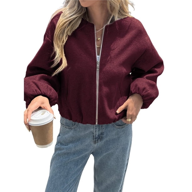 Chaquetas Abrigadas con Cremallera para Mujer, de Otoño e Invierno, de Larga, Informales, Holgadas y con Bolsillos. Vino Tinto L