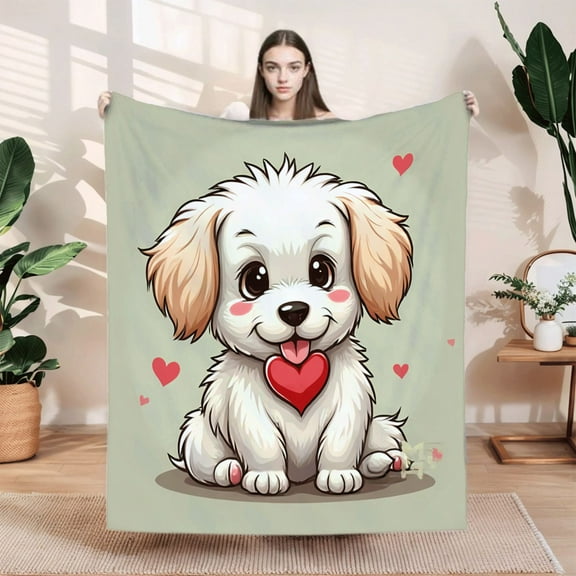 Cozy Flannel Blanket with Cute Cartoon Puppy Design - Soft Warm Perfect for Sofa Travel Bed and Chair - Heart Accents