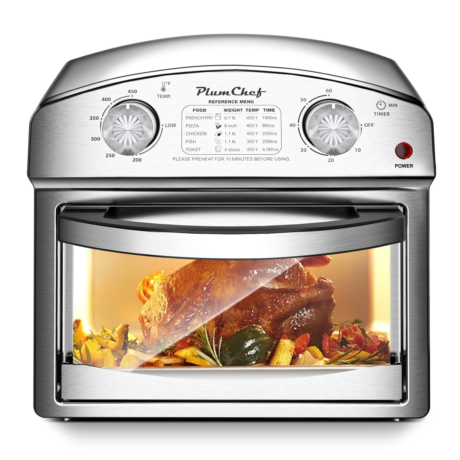 PlumChef 12.5 Quart 4 Slices Air Fryer Convection Toaster Oven, 1500W ,5 Pre-set Menus, 7 in 1 Multifunction with Roast, Bake, Grill, Broil, Toast, Dehydrate, Defrost, Stainless Steel, Black
