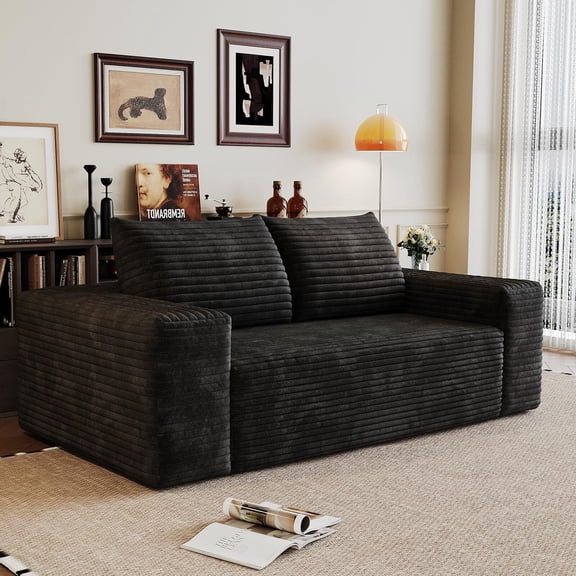EHANCIS 63" Cloud Sofa, Boneless Corduroy Compression Couch in a Box, No Assembly Required, 2-Seater for Small Space Apartment Living Room, Black