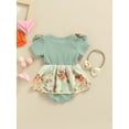 thumbnail image 4 of Kiapeise Baby Girl Summer Outfit Ruffle Sleeve Ribbed Romper Bow Floral Suspender Bodysuit Dress with Headband Clothes Set, 4 of 9