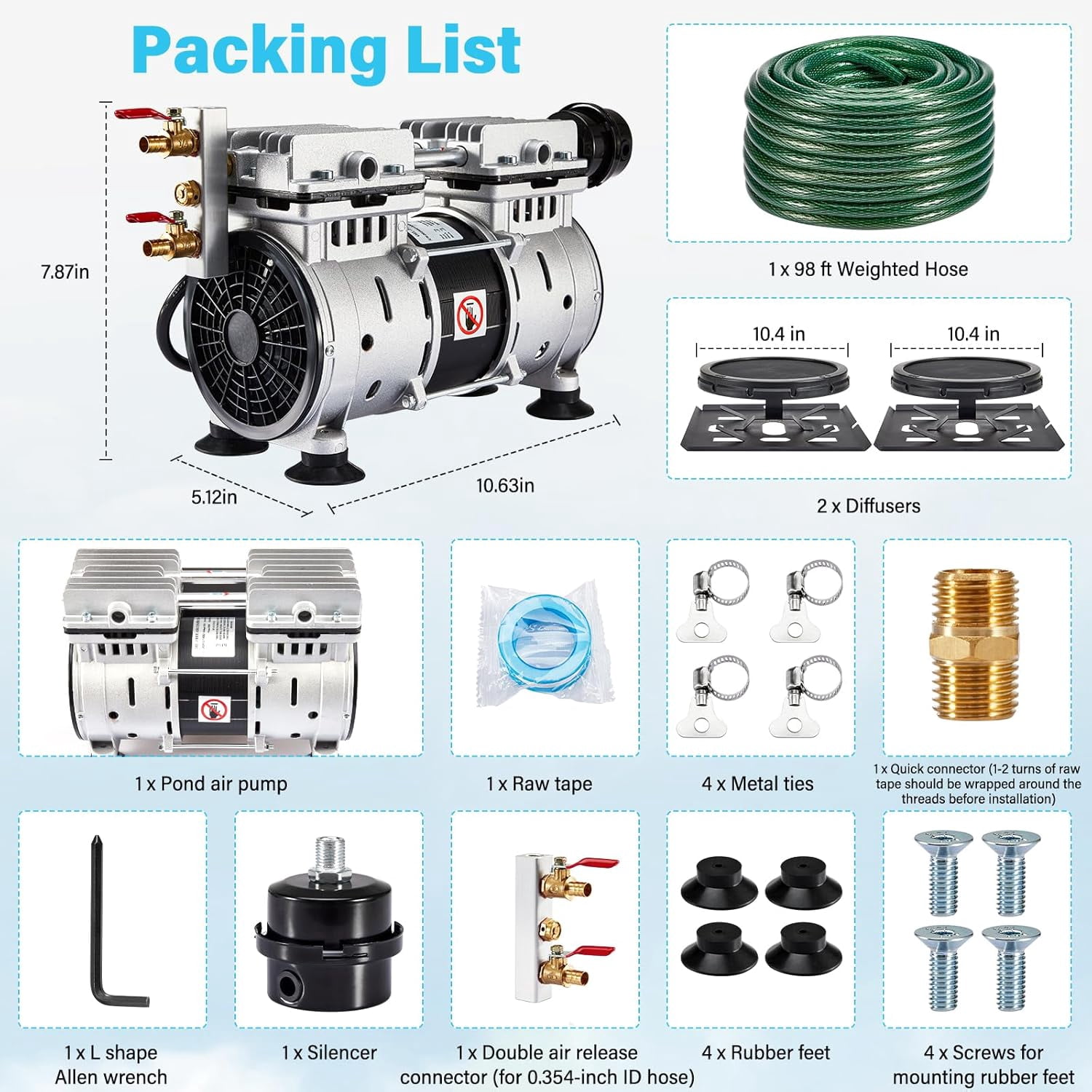 FOUR E's Scientific Pond Aerator, 550 W Power,  5.2 CFM Pond Air Pump for Outdoor, with 2 Diffusers, 98 ft Weighted Hose, for Backyard Koi Fish Tank Lake