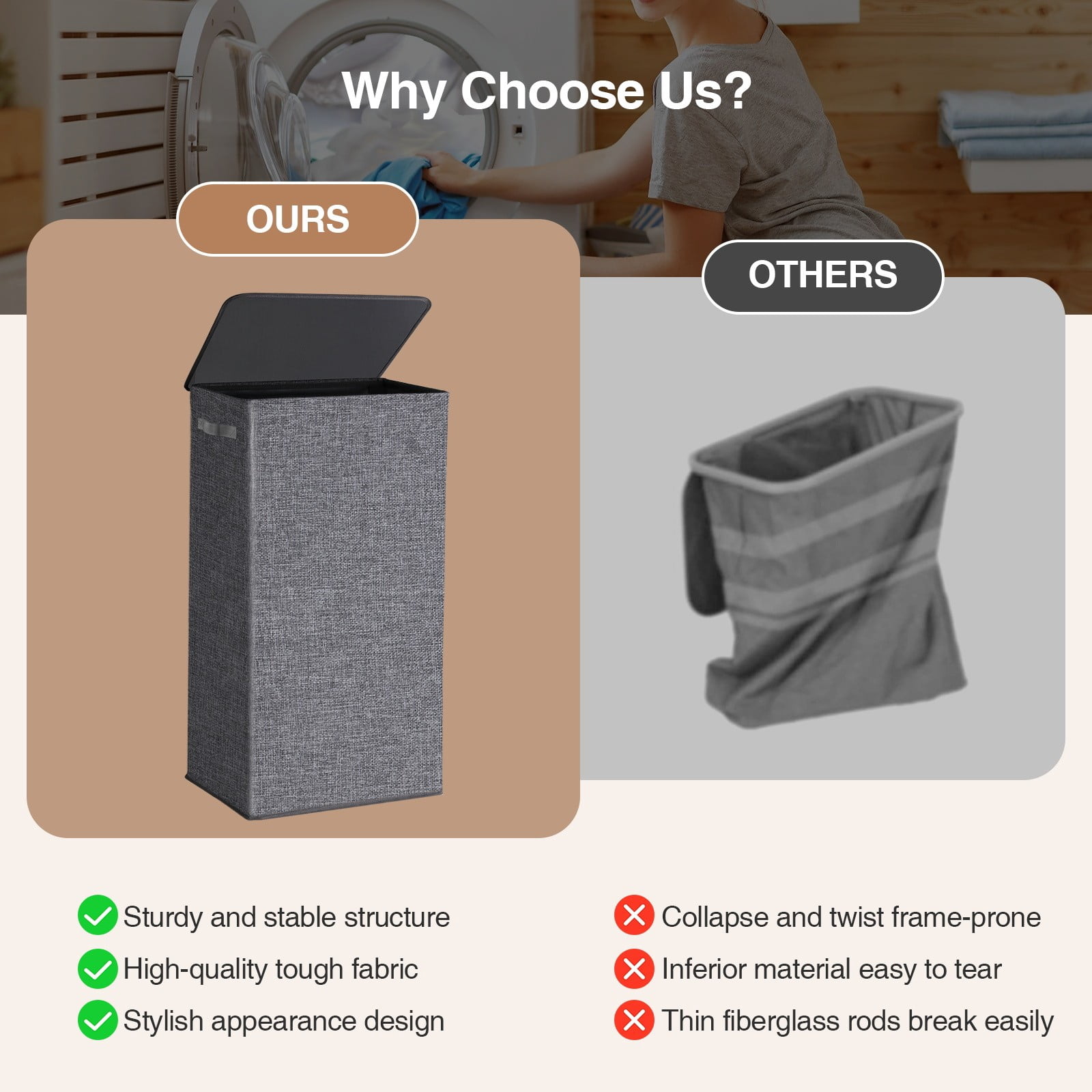 Okaka Collapsible Laundry Hamper with Lid 100L, Tall Laundry Basket with Removable Mesh Bag for Bedroom, Bathroom,Closet, Dorm(Grey)