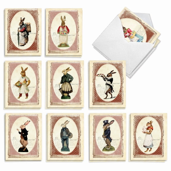 The Best Card Company 20 Assorted Easter Notecards Box Set 4 x 5.12 Inch with Envelopes (10 Designs, 2 Each) Checkered Bunnies AM10423EAG-B2x10