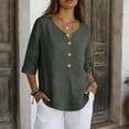 thumbnail image 2 of Solid Color 3/4 Sleeve V Neck T Shirt for Women Casual Buttoned Pullover Tops Loose Fit Lightweight Soft Tees for Summer Daily Outfits and Loungewear, 2 of 7