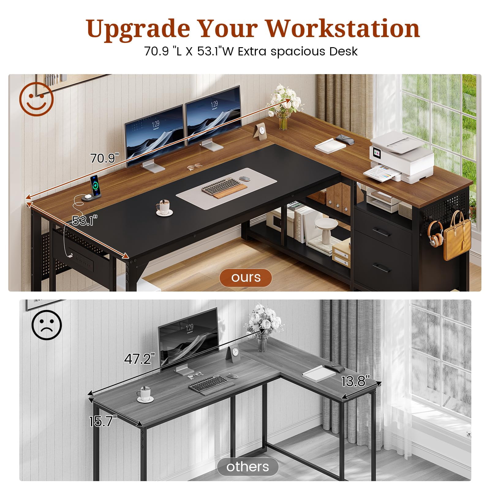 71" L-Shaped Executive Desk with Power Outlets & Mobile CPU Stand, Computer Desk with Storage Shelves, File Cabinet & Pegboard, Corner Desk for Office, Home, Walnut