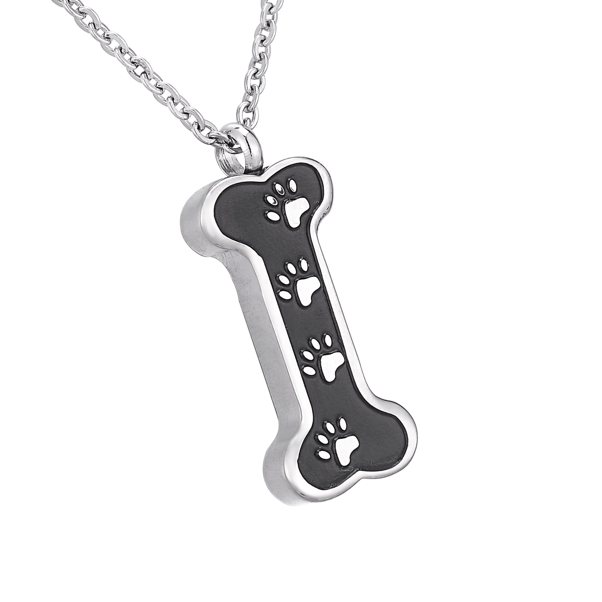 Black Dog Bone Footprint Cremation Jewelry Keepsake Memorial Ashes Urn Stainless Steel Necklace for Pet/Frined/Family Unisex