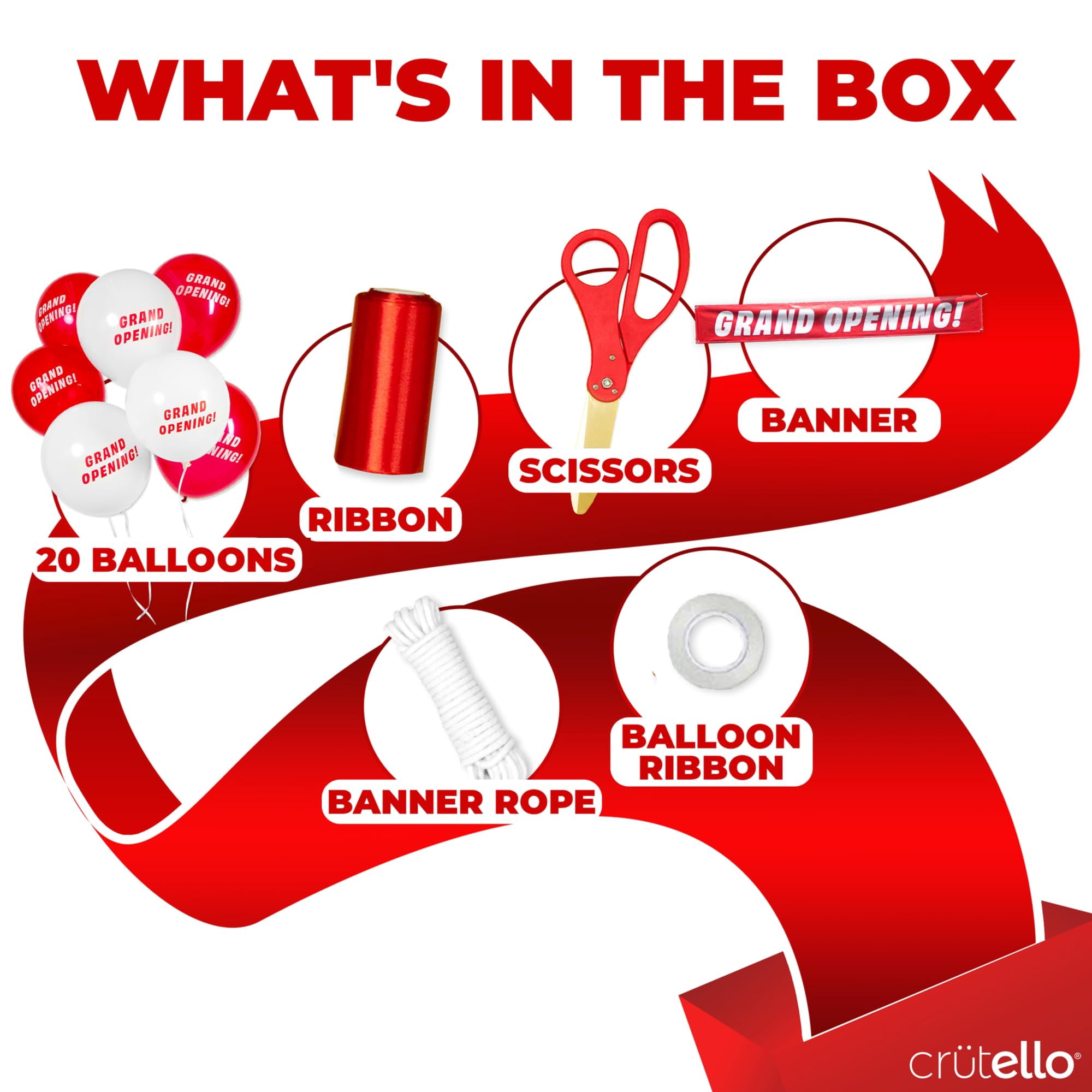 Crutello Ribbon Cutting Ceremony Kit - 20"Giant Red Scissors with Grand Opening Banner and 30 Foot Large Red Ribbon 4"Wide, 20 Balloons, 90 ft Balloon and 20 Feet Banner Rope for Decorations