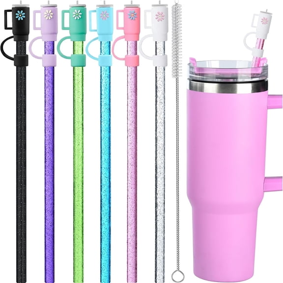 12 Pack Replacement Glitter Straws and Covers for 40 oz Stanley Adventure Travel Tumbler Cup, Reusable Glitter Straws , Compatible with 40oz 30oz 20oz 14oz Stanley Water Jug, 12inch