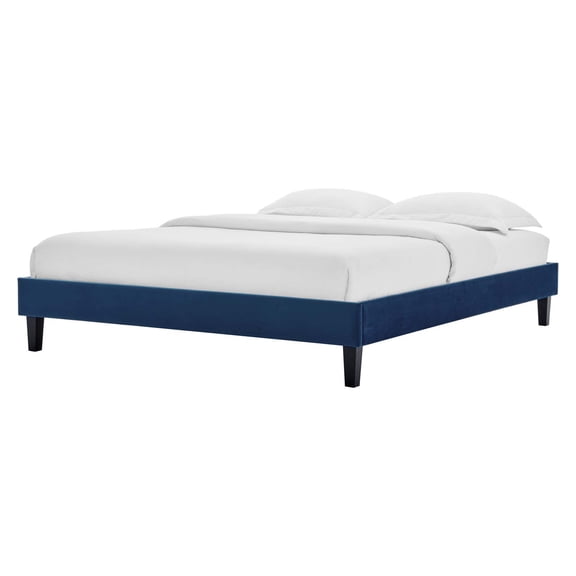 Platform Bed Frame, Full Size, Velvet, Blue Navy, Modern Contemporary Urban Design, Bedroom Master Guest Suite