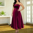 thumbnail image 2 of Stichou Fall Winter Strapless Ruched Velvet Maxi Tube Dress for Women Sleeveless A Line Flowy Party Wedding Guest Long Dresses Red S, 2 of 5