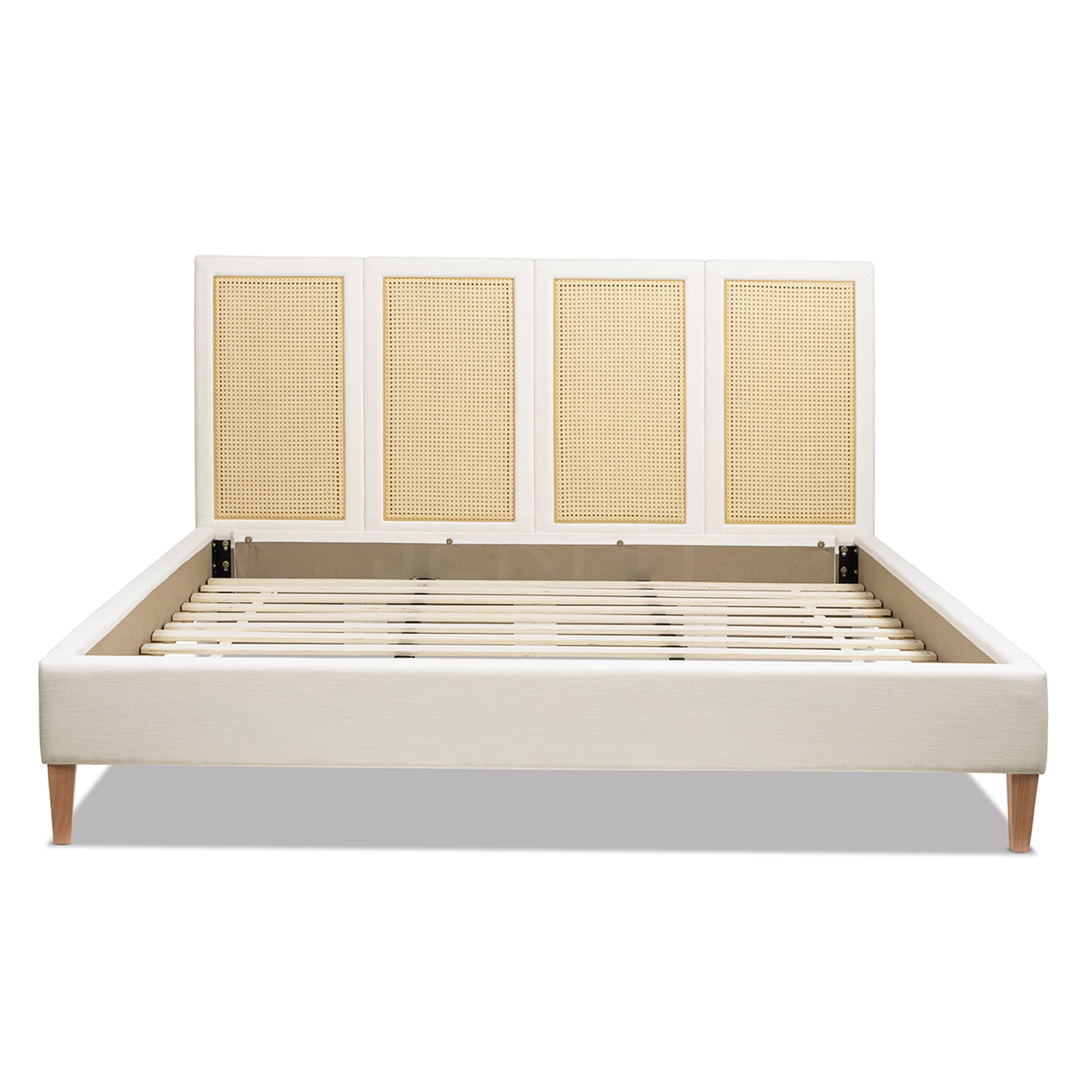 JERFIT King Size Upholstered Platform Bed Frame with Cane Rattan Headboard, Bohemian Coastal Bedroom Furniture in Antique White