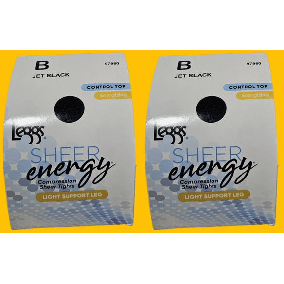 L’eggs Sheer Energy Control Top Pantyhose  – Jet Black, Size B – Light Support Energizing Sheer - 2-Pack