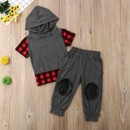 

2PCs Boy Girl Plaid Short Sleeves Top with Pocket and Pants Sets