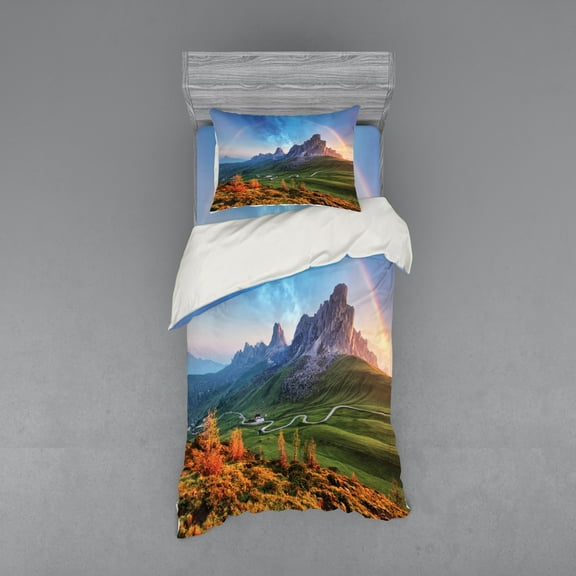 Landscape Duvet Cover Set, Picture of Alps with a Rainbow and Green Field Mountain Range in the Morning, Bedding Set with Shams and Fitted Sheet, 3 Sizes, by Ambesonne