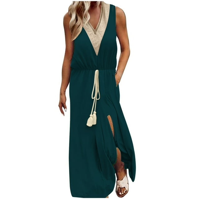 QIPOPIQ Robes pour Femmes à Étages Sans Manches Tendance Décontractées Robes à Col en V Robe Midi d'Été Robe Imprimée Robe Ample Offres 2023