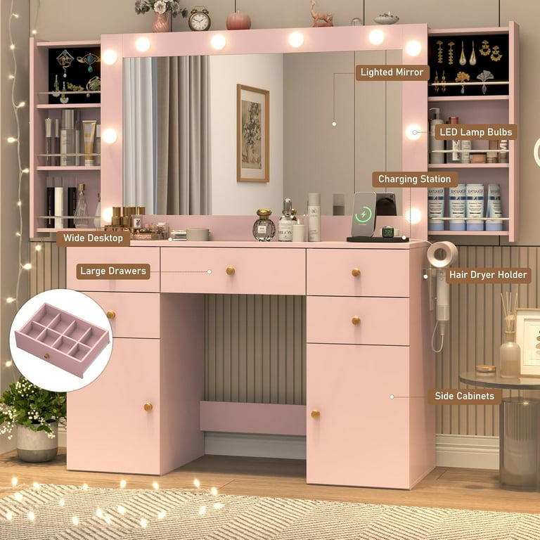 pink dressing table with mirror and lights FUFU&GAGA 5-Drawers Pink Makeup Vanity Sets Dressing Table Sets with Stool, Mirror, LED Light and 3-Tier Storage Shelves