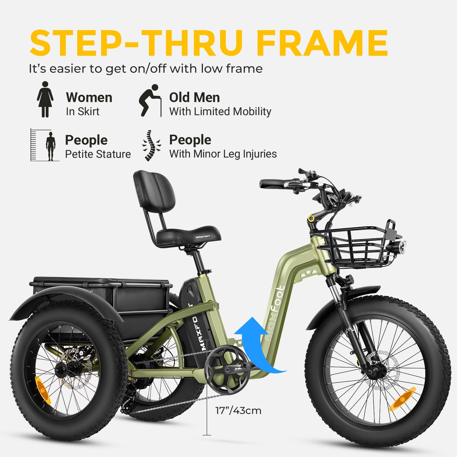 MAXFOOT MF31 Electric Tricycle for Adult, 750W Rear Drive Motor 3 Wheel Electric Bicycle with Suspension Fork, 85 Miles, 48V 20Ah UL Certified Battery, Fat Tire Electric Trike with Rear Differential