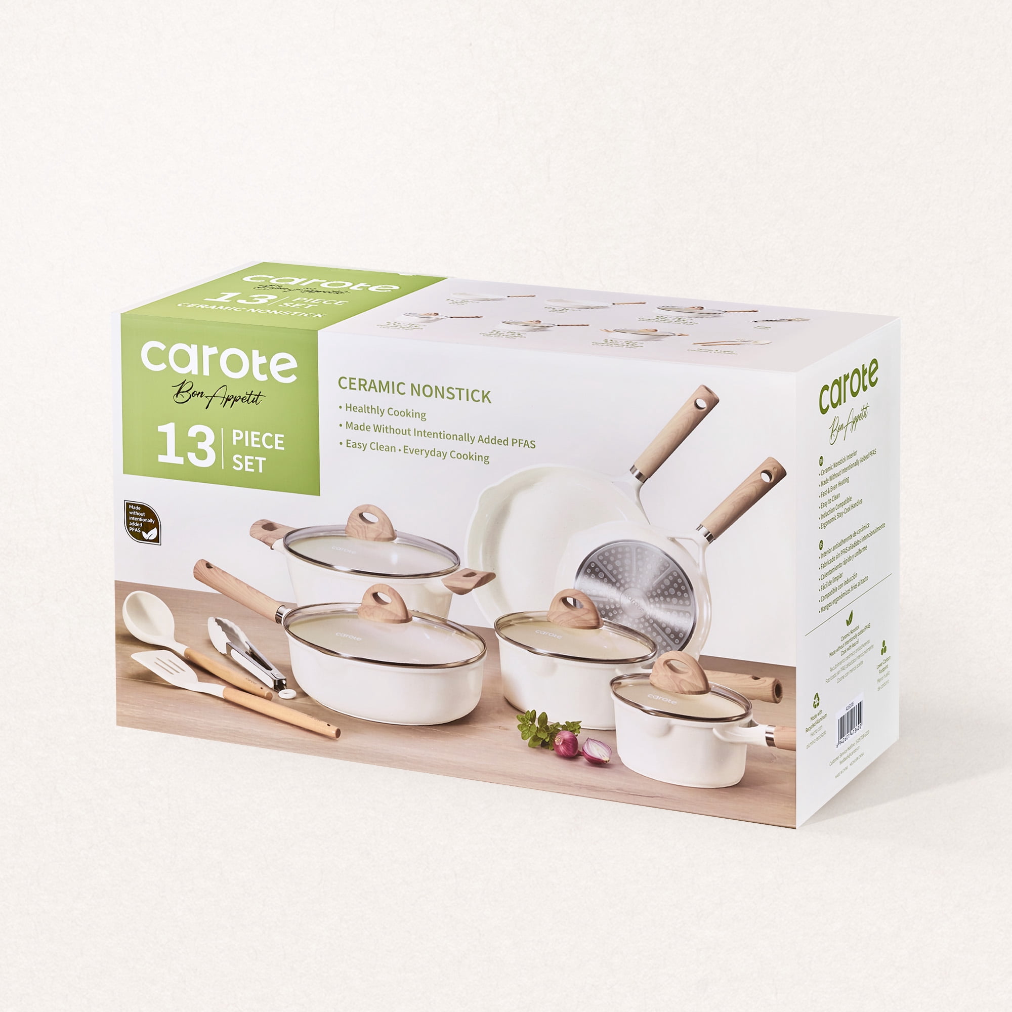 Carote Ceramic Nonstick Pots and Pans Set, 13 Pieces Kitchen Cookware Sets Compatible for All Stoves, White Granite