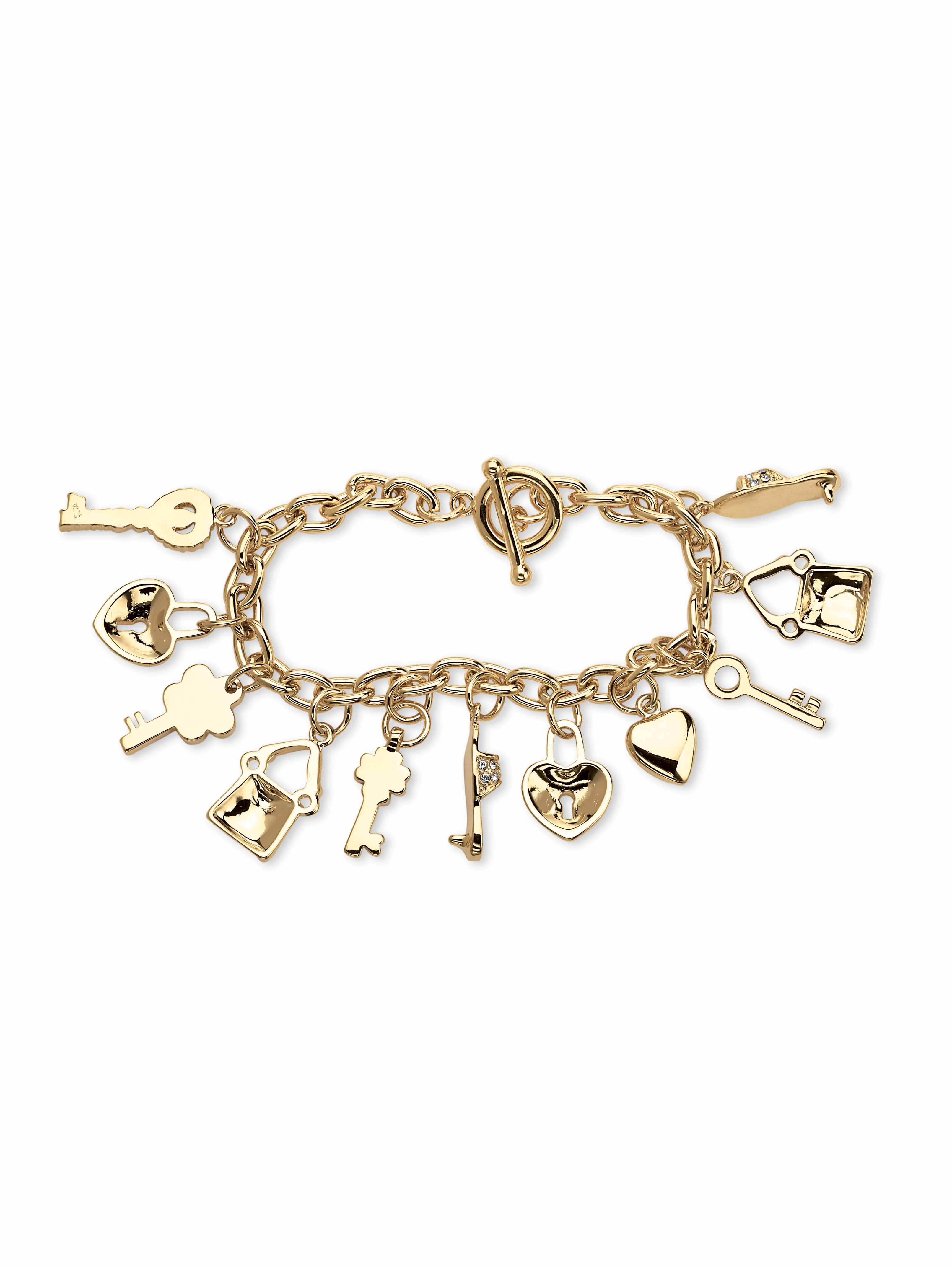 PalmBeach Jewelry Round Crystal Yellow Gold-Plated Shoe, Purse, Heart Lock and Key Charm Bracelet 7 1/2"