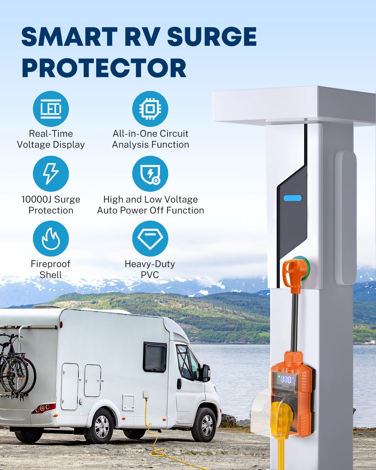 Kohree RV Surge Protector 50 Amp 12000 Joules with High/Low Voltage Protection,with LED Display Waterproof ,Auto Shut Off for Camper,Travel Trailers-Orange