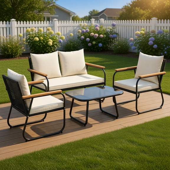 GVN Outdoor Conversation Sets,Patio Furniture Sets,4 Pieces Patio Furniture Set with Tempered Glass Coffee Table