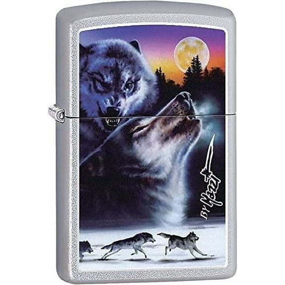 Zippo Lighter- Moon Howling Wolf Forest Satin Chrome Windproof Lighter #Z503