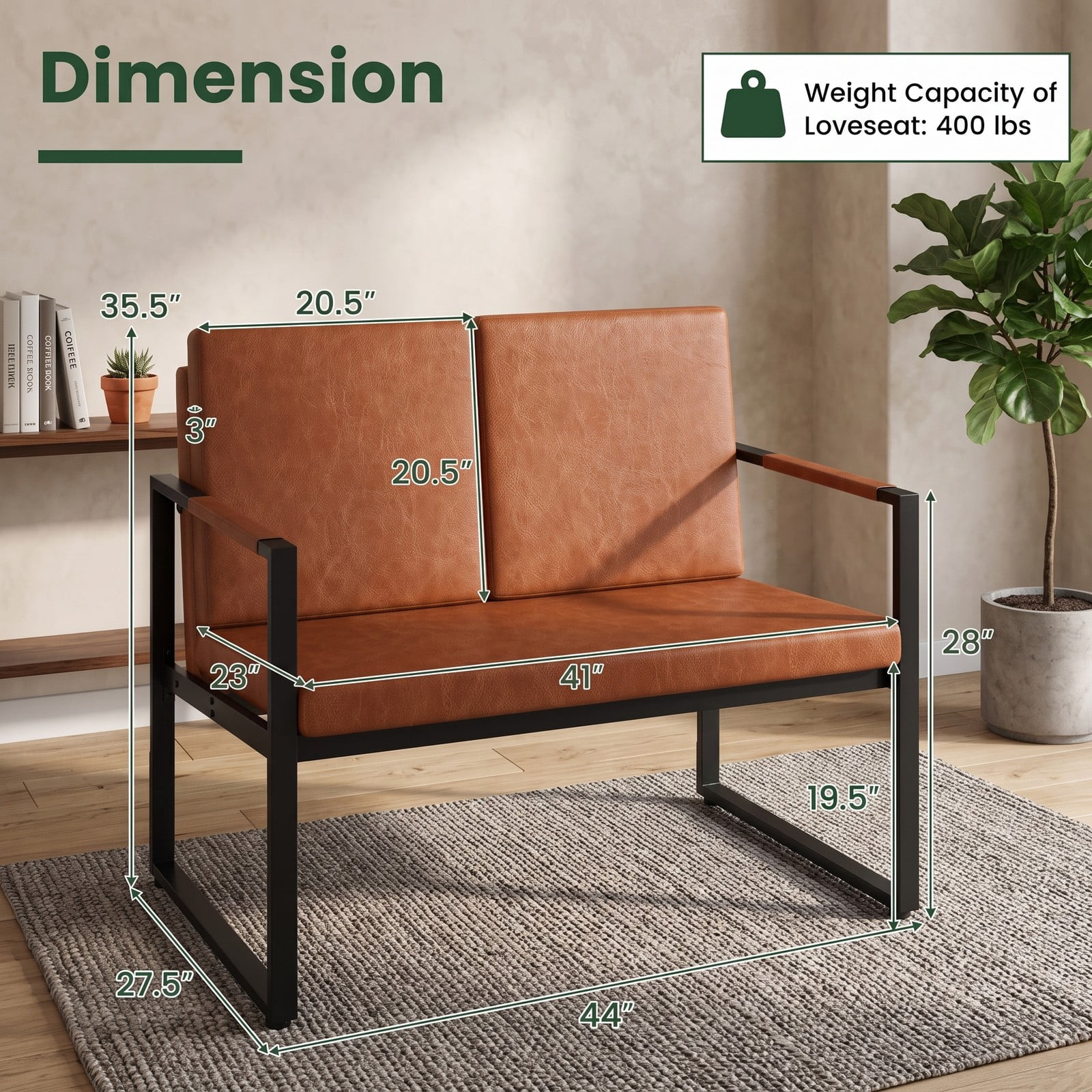Furnibear Modern Loveseat Sofa 2 Seater Small Couch, Faux PU Leather Upholstered Love Seat with Sturdy Metal Frame and Removable Back Pillows for Apartment, Brown